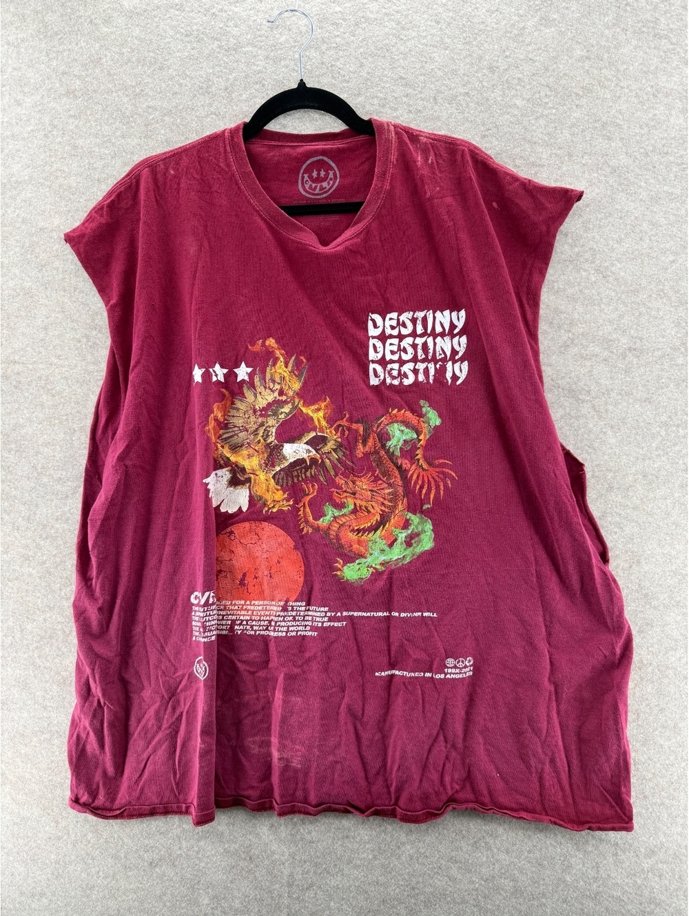 Y2K XXXL Destiny Dragon Eagle Graphic Distressed Cutoff T-Shirt Burgundy Tee